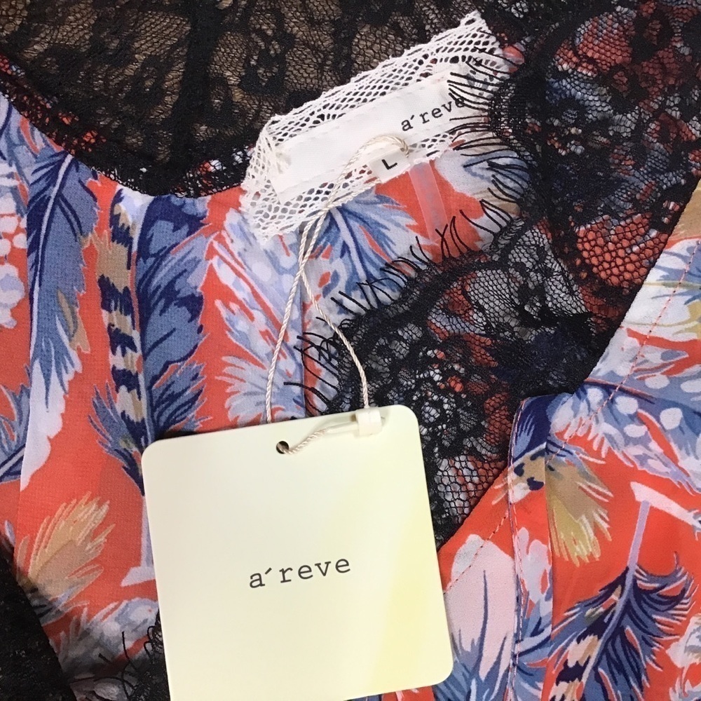 Nwt A’reve Nightgown Size L Camisole Lace Boho Feather Print Red Blue - Picture 11 of 14
